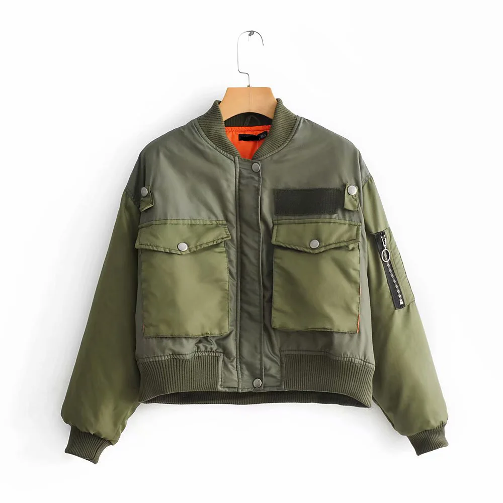 Fashion Za Vintage Women Chic Green Oversize Bomber Jacket Stylish Female Pockets Zippers Coat Casual Ladies Outerwear