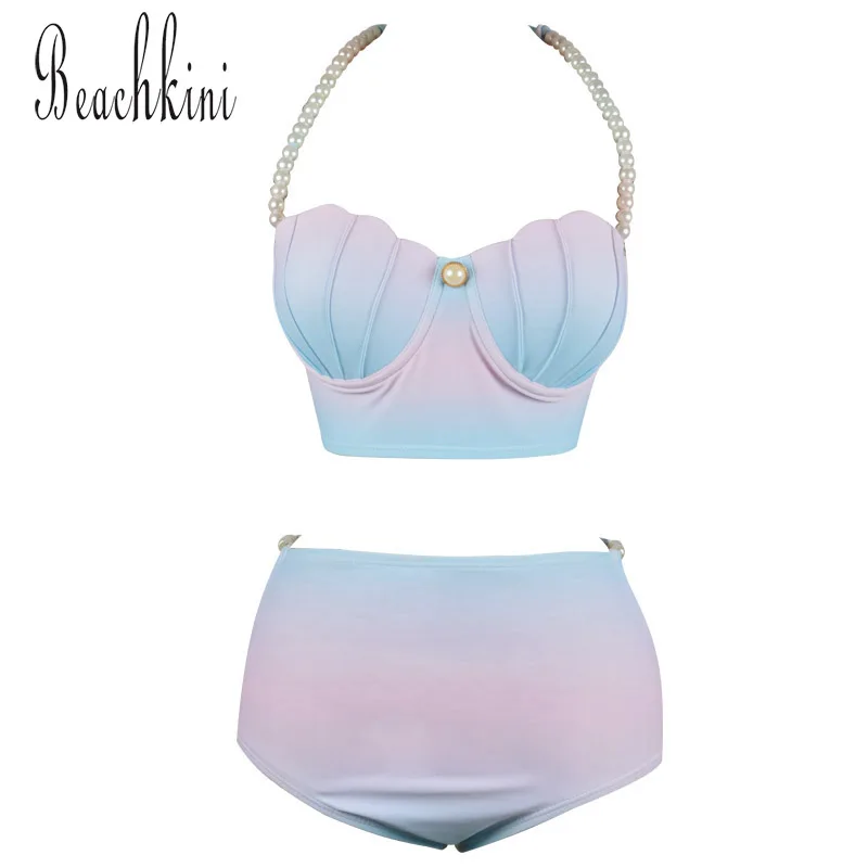 

High Waist Bikinis Set Women Swimwear Mermaid Shell Bra Biquini Halter Neck Swimsuits Push Up Bathing Suits Lady Swim Wear