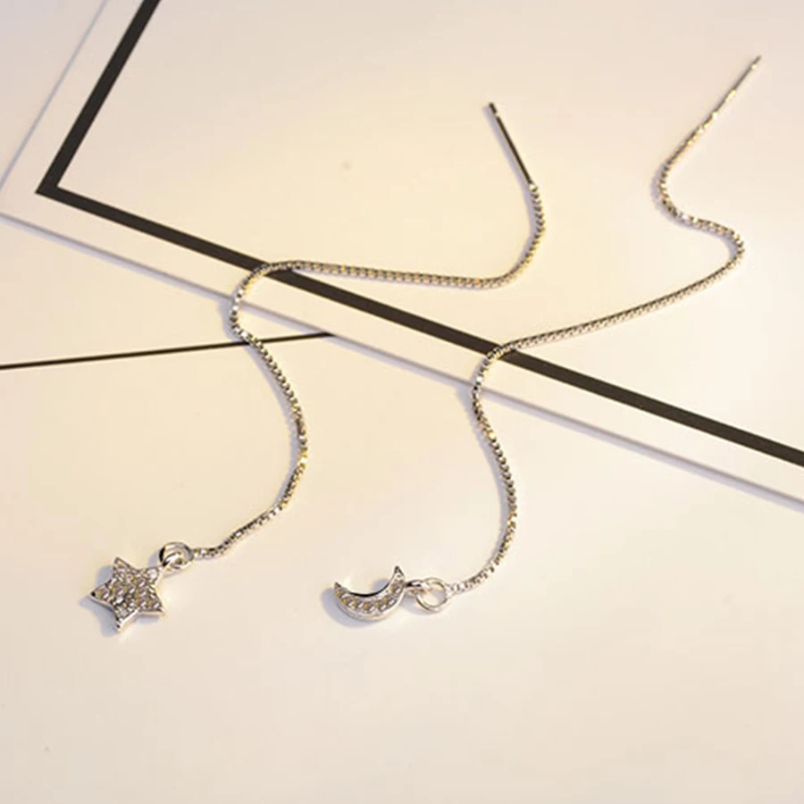 

925 Sterling Silver Star Moon Earring Girls Creative Asymmetry Design Prevent Allergy Long Earrings For Women Wedding Jewelry