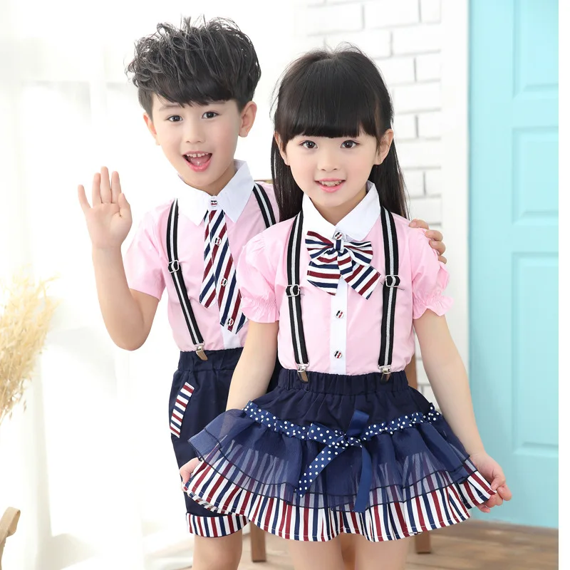 

Striped Style Kids Clothes Suits For Boys 2 Pcs Lot Shirts Shorts Or Skirts School Uniforms Teenage Girls Clothing 3 - 14 Years