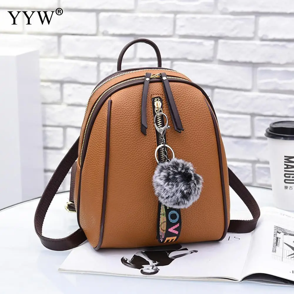 

Solid PU Leather Backpack Female Black Backpacks for Women and Adolescent Girls 2018 New Mini Travel School Bag with Fur Ball