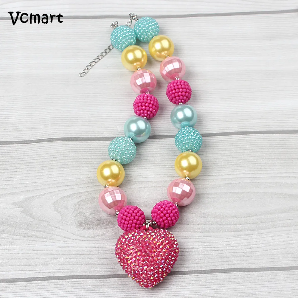 

Vcmart 2pcs Bling Big Heart Pendant Necklace For Baby Girl Chunky Bubblegum Necklace Kids Jewlery Party Best Gift