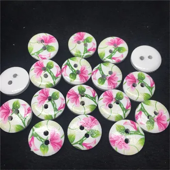 

100pcs 15mm Wood Buttons Lotus Flower Painted 2 Holes Round Sewing Green+Pink Embellishment Floral Wholesale