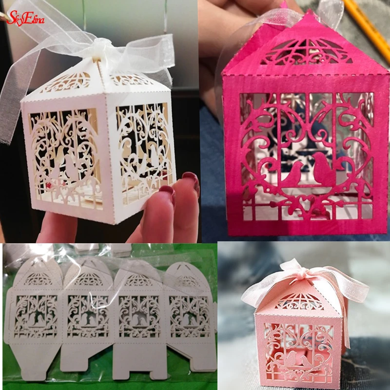 50pcs Love Heart Bird Laser Cut Favour Cake Candy Gift Box Wedding with Ribbon 