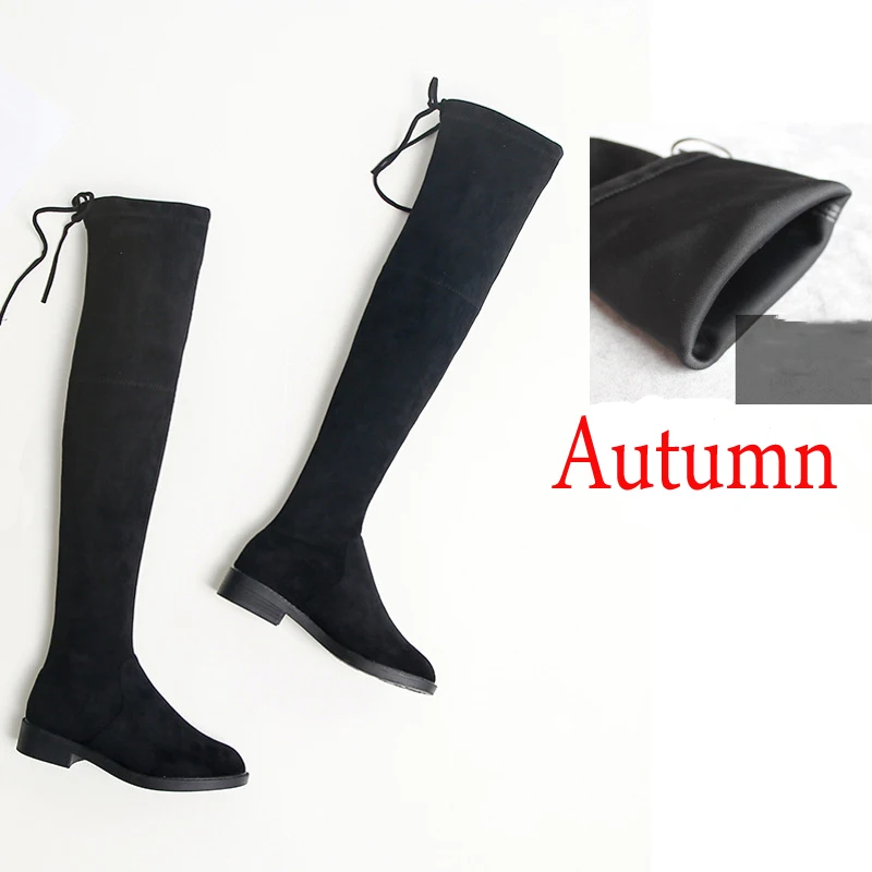 Autumn black Эластичные облегающие ботфорты из флока женские облегающие высокие сапоги г. Пикантные зимние женские ботфорты на шнуровке на не сужающемся книзу массивном каблуке - Цвет: Autumn black