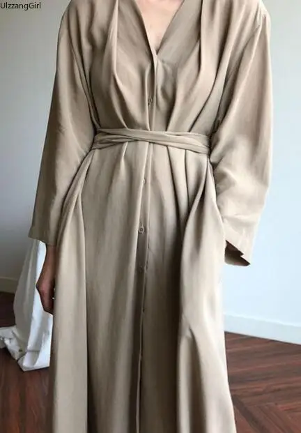 

Tie Bow Belt Sashes Elegant Loose Slim Women Korean Midi Long Dress Sexy V-neck Single Breasted Blouse/Shirt/Windbreaker Vintage