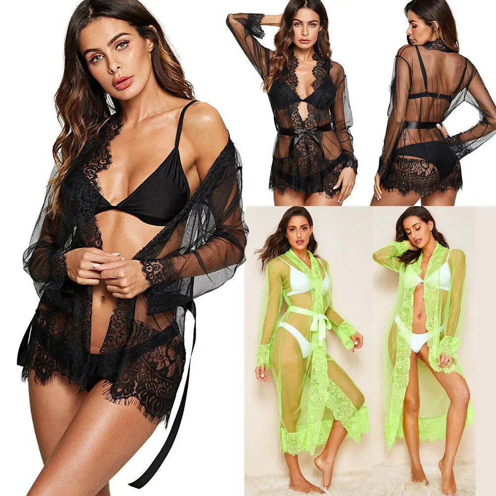 

2 Styles Women Sexy Lingerie Long Sleeve Babydoll Sleepwear Underwear Lace See-through Long Dress Bath Robe Gown