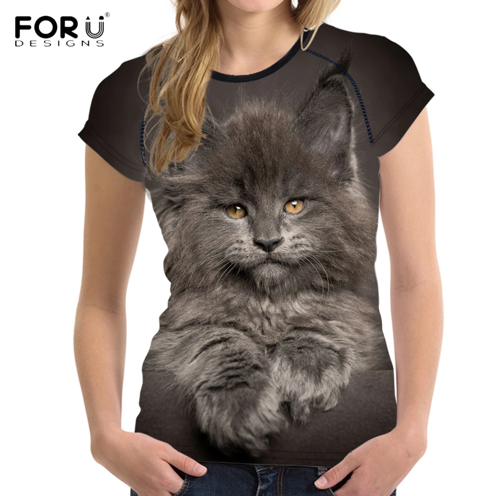 FORUDESIGNS/забавные женские футболки с объемным принтом кота мейн кун/киска модные