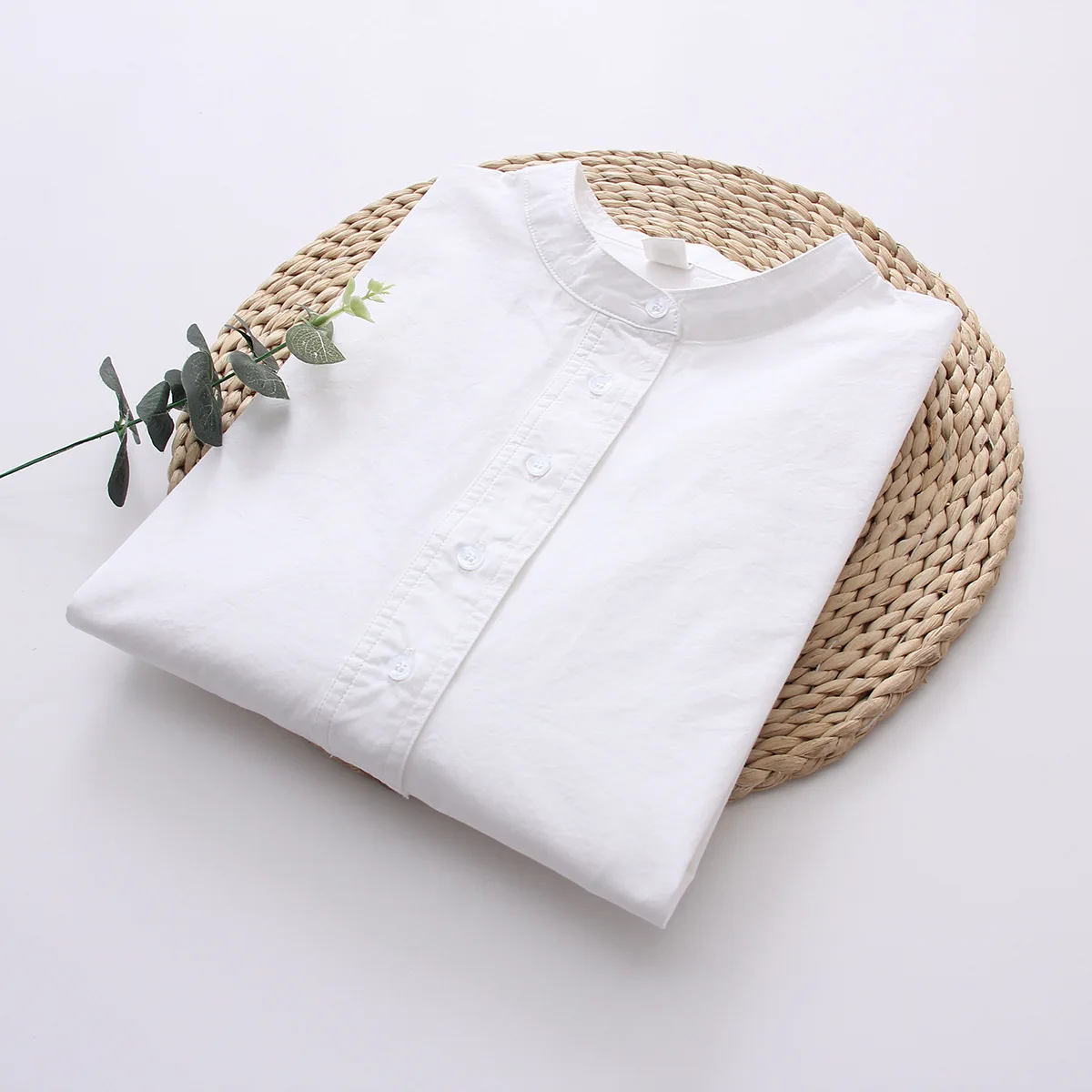 

100% Cotton White Women Blouse Long Sleeve School Shirt Lady Tops Stand Collar Loose Top Blusas Shirt Female Clothes Autumn 2019