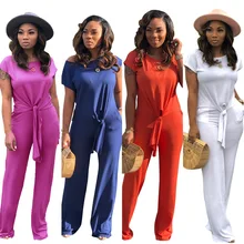 summer women's solid color thread short sleeve two-piece casual short and full length suit for lady bow loose sport set beach