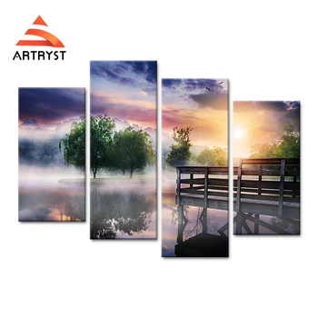 

4 panel modular art wall fog, tree, bird, sun scenery canvas painting poster HD print on the canvas modern home cuadros decor