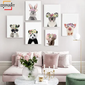 

Girls Nursery Decor Baby Animals Lamb Rabbit Koala Pig Elephant with Flower Crown Print Anime Poster Kids Room Painting Picture