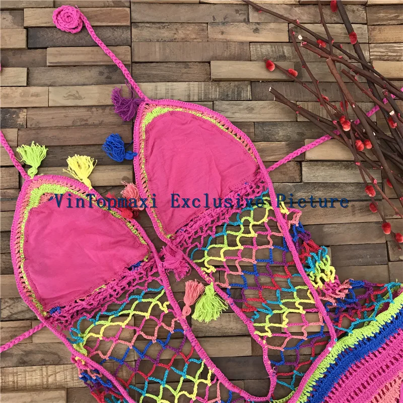 Винтажный кружевной вязаный трикини ручной работы, разноцветный монокини с кисточками, Цельный купальник, вязаный пляжный купальник