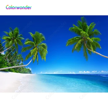 

Hawaiian Style Photography Green Palm Trees with White Sand 7x5ft Blue Sky with Clear Water Backdrops for Photo Booth Studio