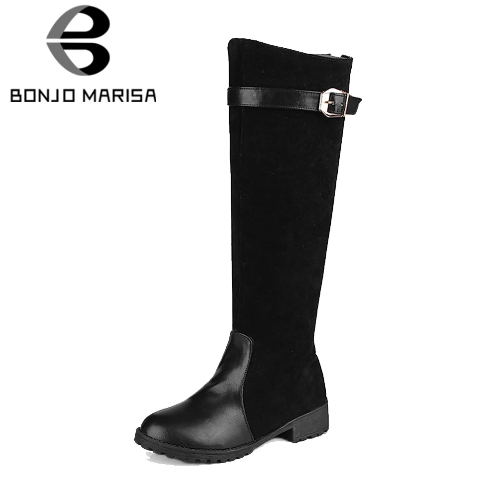 

BONJOMARISA Winter Spring Big Size 34-43 Women Fashion Patchwork Ridding Boots Ladies Add Fur Knee High Boots Heels Shoes Woman