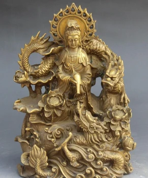 

bi001682 10" Chinese Buddhism Bronze Stand 2 Dragon Kwan-yin Guan Yin Goddess Statue