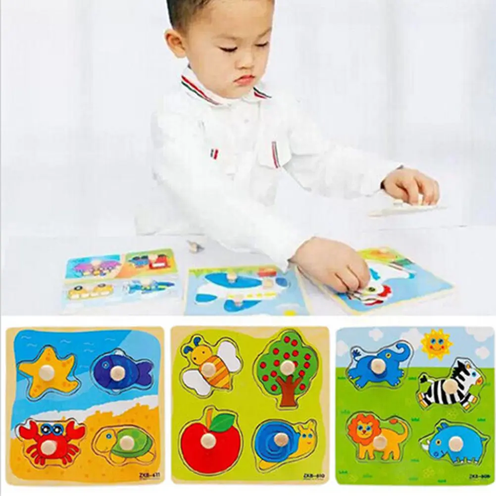 

1Pcs Cartoon Kids Wooden Puzzle Intelligence Educational Baby Toys Gift Brain Teaser Animal Plants Jigsaw Board Random style
