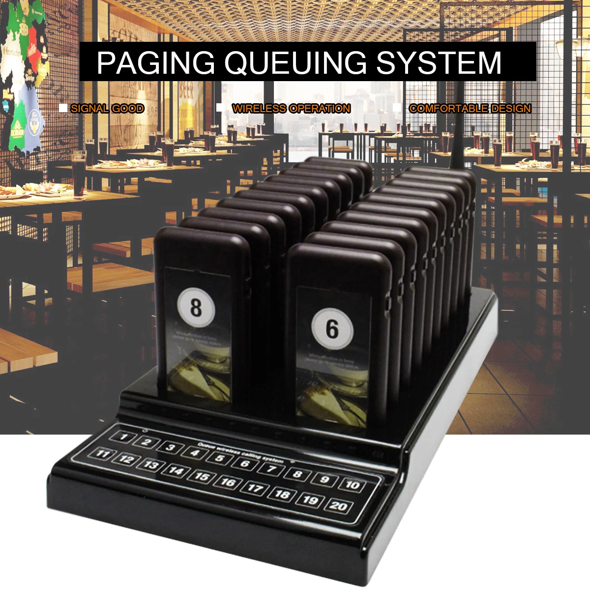 

999 Channel Restaurant Wireless Pager Queuing System 1 Transmitter+20 Coaster Pager Equipments Transceiver Guest Table Calling