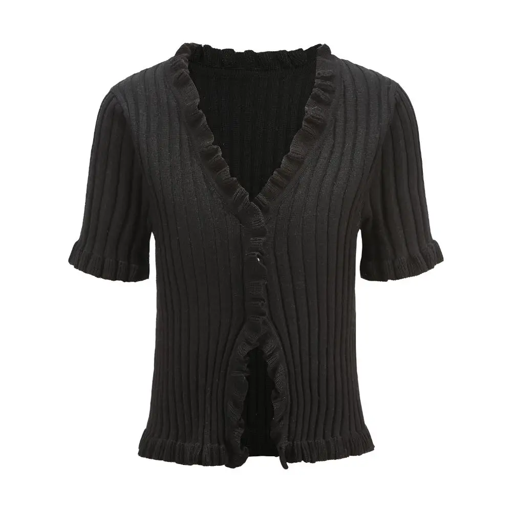 BRADELY Мишель Для женщин модные рубашки с короткими рукавами кардиганы с оборками свитера с Однобортный большие эластичные трикотажные укороченные топы - Цвет: B