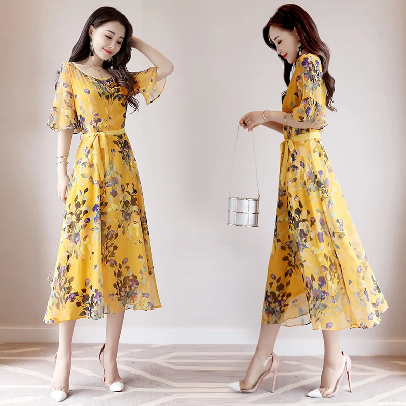 yellow floral chiffon dress