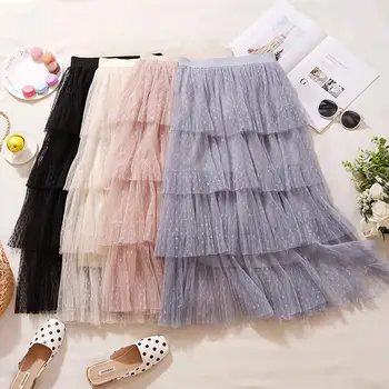 

2020 Spring New Arrival Fairy Layer Women Skirt Dot Print Tulle Pleated Skirt Faldas Largas Elegantes Mesh Skirt Free Shipping