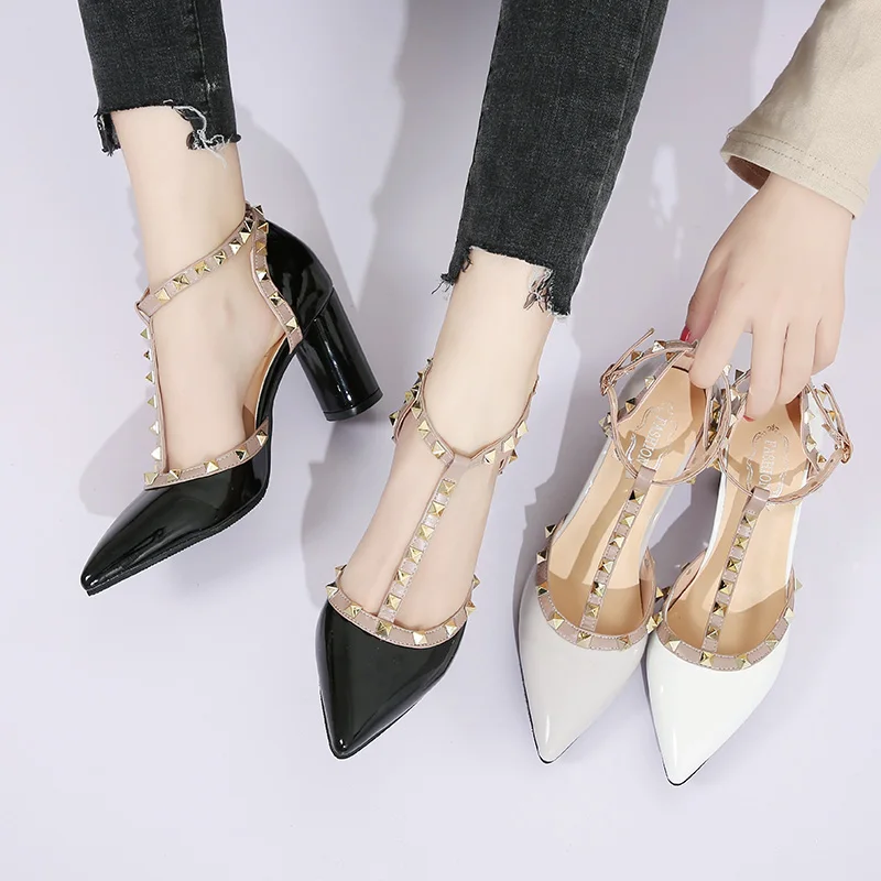 Summer Shoes High Heels T Strap Rivet Pumps chunky Heels Sandal Patent Leather Dress Shoes White wedding shoes Ladies 7579