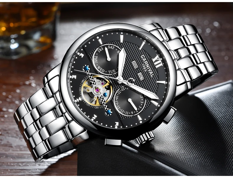 

Carnival Skeleton Watch Men Tourbillon Mechanical Day-Date Waterproof Luminous Male Business Wristwatch Relogio Masculino
