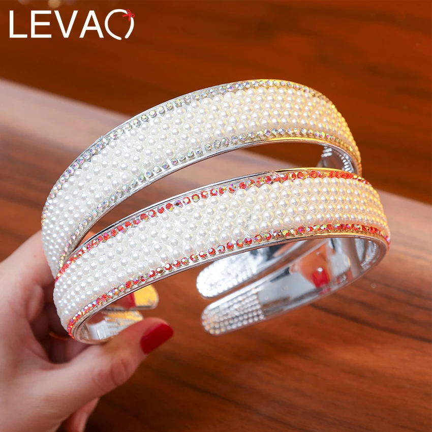 

Levao Elegant Full Rhinestones Pearls Hairbands Headbands Shiny Beaded Hair Hoop Bezel Bands for Women's Hair Accessories