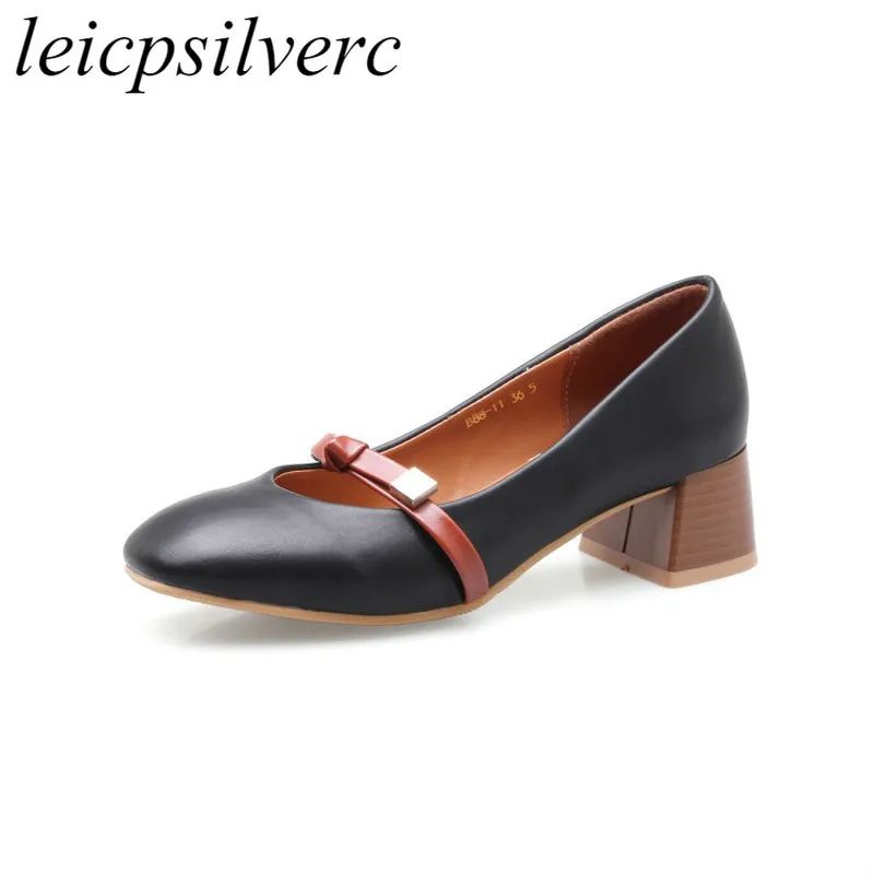 

Women's Pumps Med Heels Spring Autumn Pu Slip on Square Toe 2019 Sexy New Fashion Casual Party Wedding Black Brown Big Size34-46