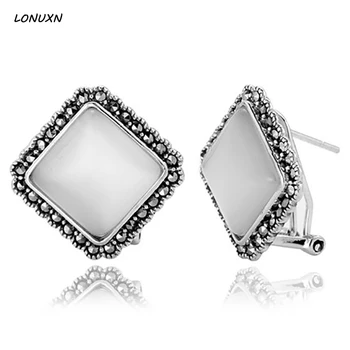 

High quality 2.1cm opal female jewelry 925 Sterling silver retro simple fashion earrings women geometry shape lovers best gift