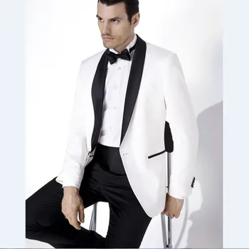 

Groomsmen Shawl Satin Lapel Groom Tuxedos White Jacket Black Pants Mens Suits Wedding Best Man suit (Jacket+Pants+Tie+Girdle)