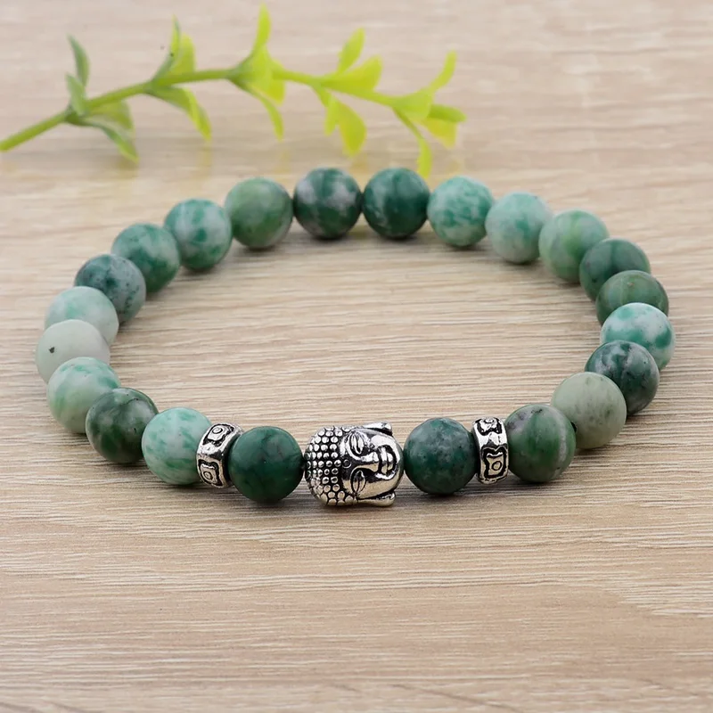 

8mm Artificial Green Orange Blue Pink Stone Beads Alloy Buddha Head Unisex Healing Balance Energy Lucky Yoga Bracelets AB187
