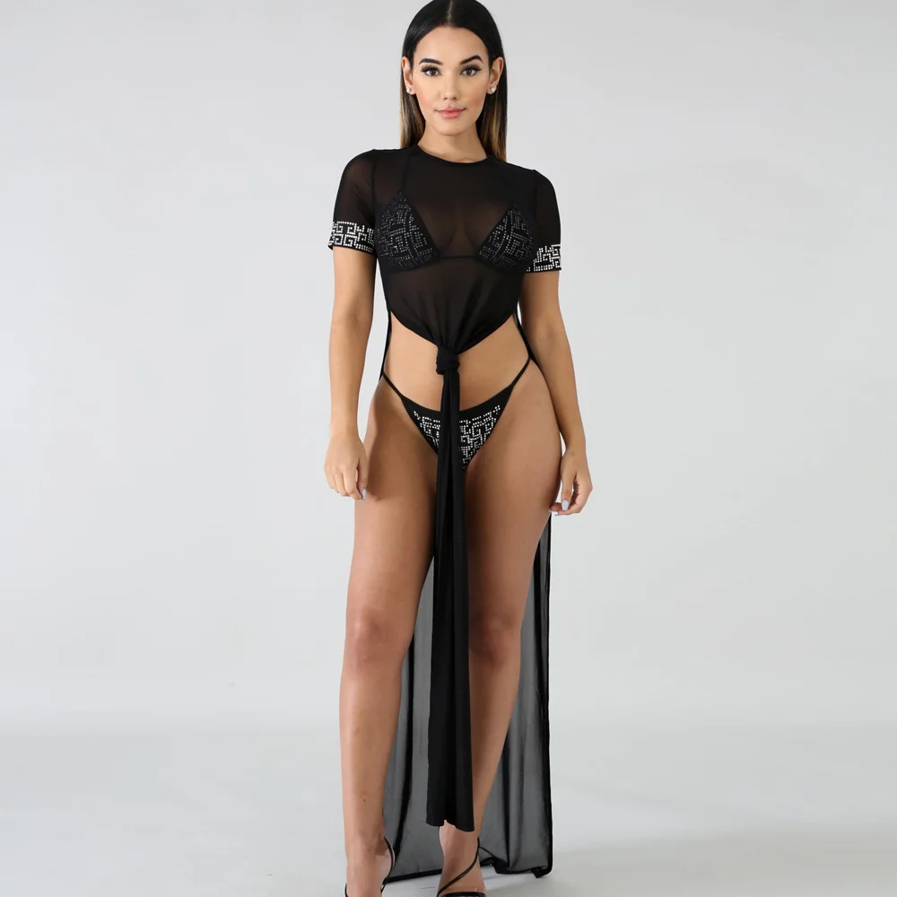 

2019 Summer Short Sleeve Mesh Beach Bohemian Long Maxi Dress Women Sexy Diamonds High Split See Through Dress 3 Piece Set Bather