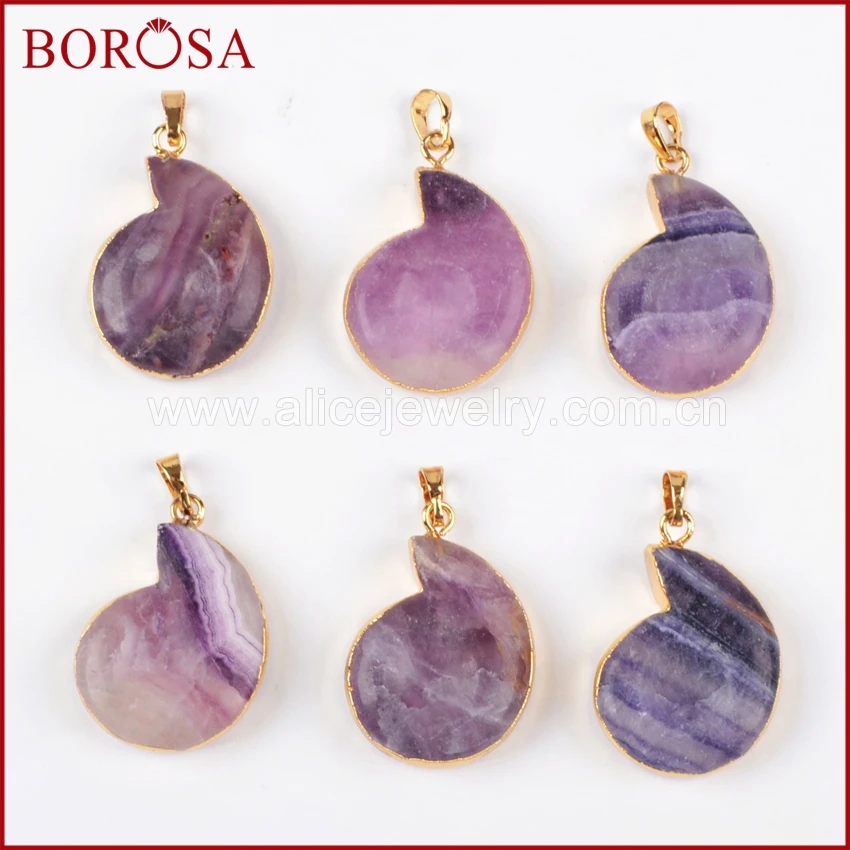 

BOROSA Design 1piece Gold Color Whole Ammonite Natural Multi-Color Fluorite Faceted Stone Pendant Bead for Necklace DIY G0567