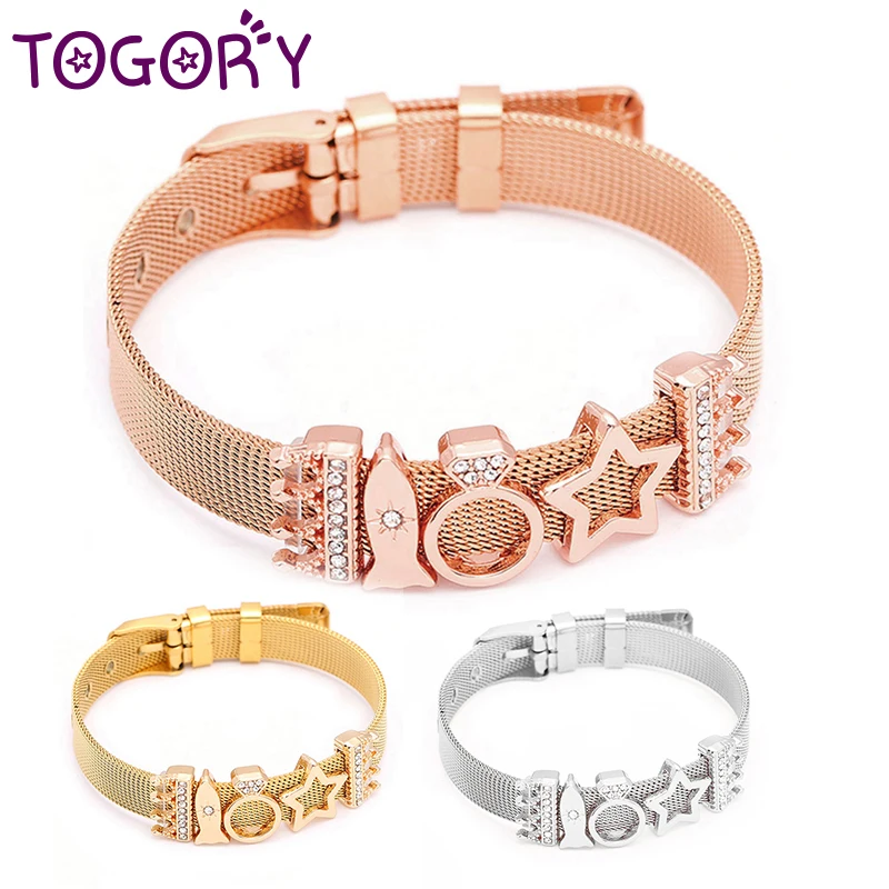 

2019 High Quality Mesh Bracelet Set Stainless Steel Bracelet Crystal Love Lock Charm Fine Bracelet for Woman Valentines Gift