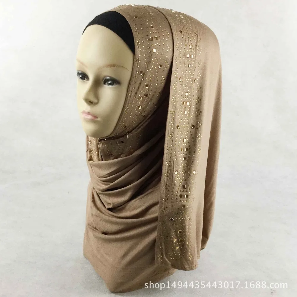 Сплошной хиджаб шарф со стразами Длинный шарф для мусульманки, хлопковый хиджаб шарф
