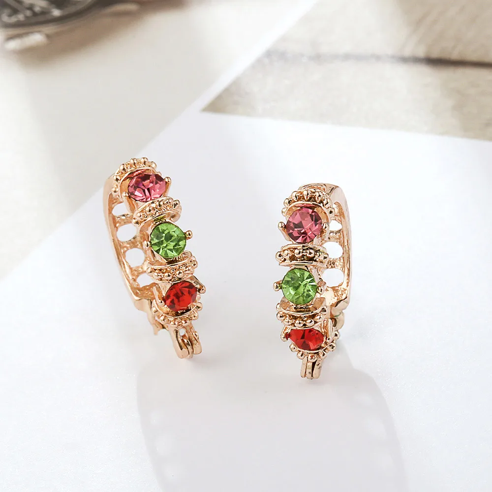 

QGGLE Gold Color European Fashion Colorful Rhinestone French Clip Stud Earrings For Women Lady Earring Jewelry
