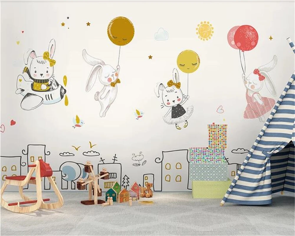 beibehang 3d wallpaper Nordic simple fashion elegant air balloon bunny children's room background papel de parede | Обустройство