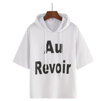 

Woman Summer Short Sleeve Hooded Hoodies Lady Oversized letter Hedging Loose 85% Cotton Sweatshirt female fall Sudadera Capuche