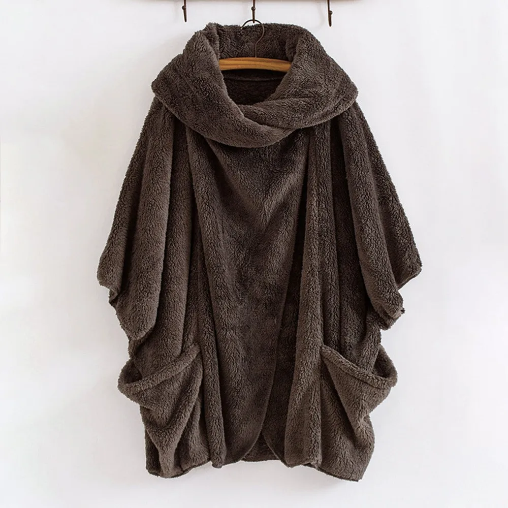 Winter Outerwear Women Coat Casual Solid Turtleneck Big Pockets Cloak Coats Vintage Oversize Coats