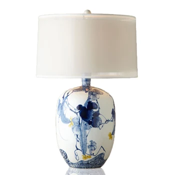 

New Chinese blue colored pattern ceramic table lamp office lamps belly white art living room decorative table light Z18603