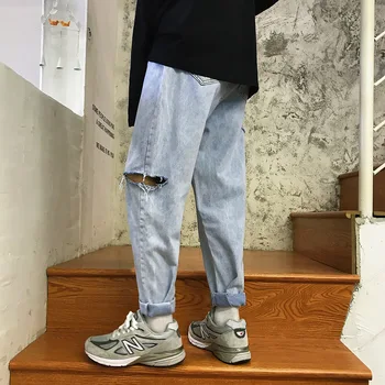 

New Fashion Casual Jeans Korean version of the Trend Male Pants Broken Hole Raw Quilt Pants Spring and Summer Wild