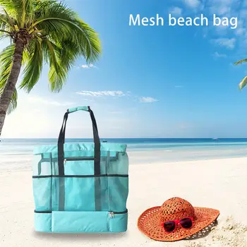 

New Style 30L 2-in-1 Portable Large Size Ice Pack Single Shoulder Bag Beach Camping Lunch Bag Double Layer Nylon Mesh