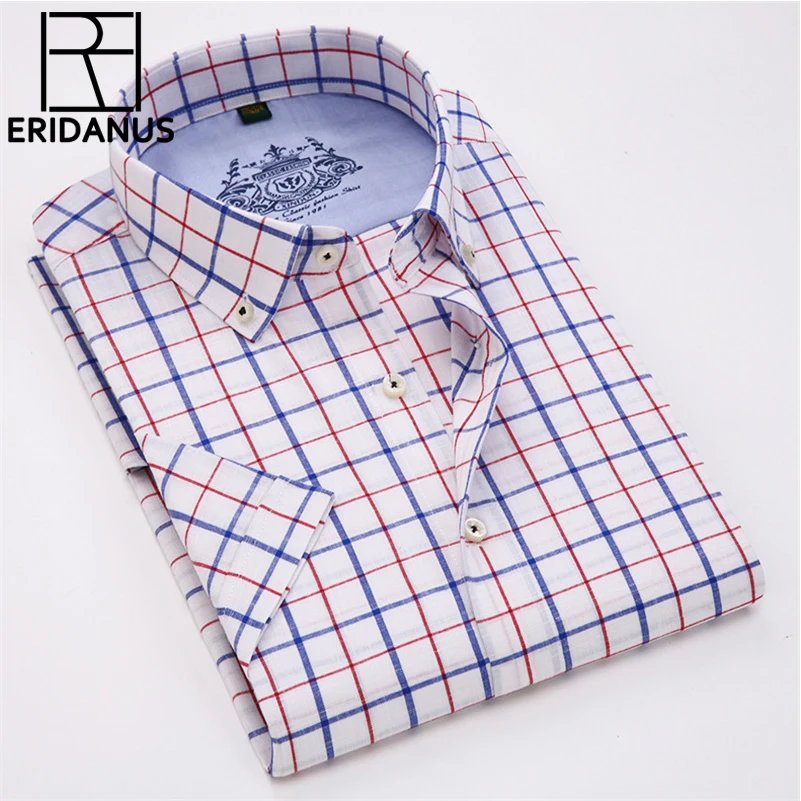 Achat Hommes D affaires Chemise 2018 D été Nouveau Simple Designer de Haute Qualité Plaid Homme À Manches Courtes Slim Fit Robe Formelle Chemises 4XL M668