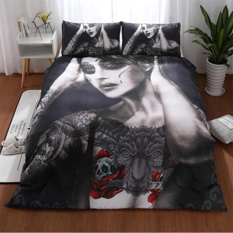 

Bedding set queen size Black 3D ghost head de lit adulte White Rose Skull King three-piece Duvet cover XHS0070