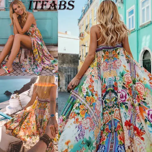 

2018 New Women Boho Floral Dress Maxi Long Dress Colorful Loose Dress Summer Lady Casual Holiday Beach Evening Party Sundress