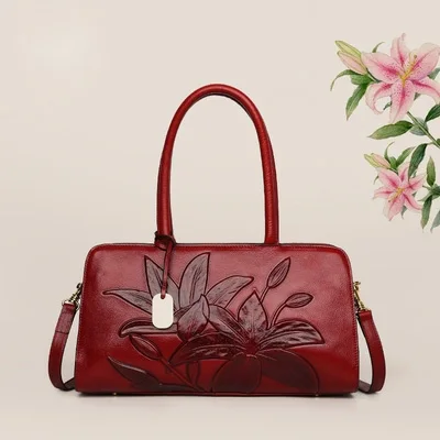 

Italian private label Custom logo wholesale drop shipping genuine leather handbag embossed bag national wind leather famous bag