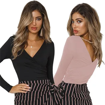 

Long Sleeve Sexy V Neck Skinny Bodysuits 2019 Autumn New Women Clothes Casual Solid Colors Smooth Soft Stretchy Bodysuits Female