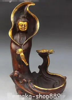 

10" Rare China Bronze Gilt Kwan-yin Guanyin Quan Yin Goddess Lotus Back Incense