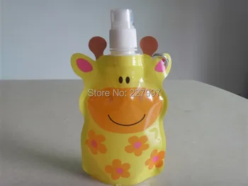 

300pcs/lot Cartoon Fashion Hot Selling 300ml Animal Reusable Foldable Water Bottle With Carabiner For Kids